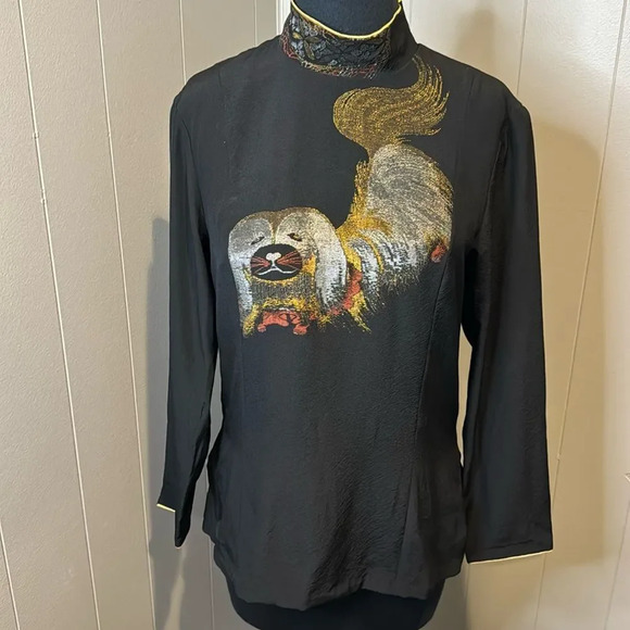 Yuya designer black embroidered pekingese front, collar, & back shoulder top. Md - Picture 1 of 9